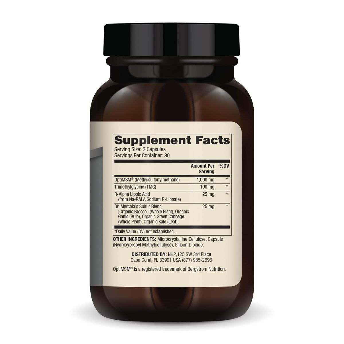 Dr. Mercola OptiMSM Complex Soufre 60 Capsules arrière avec informations nutritionnelles