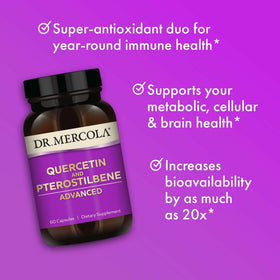 Dr. Mercola Quercetin & Pterostilbene Avancé 500 mg capsules on a wooden table