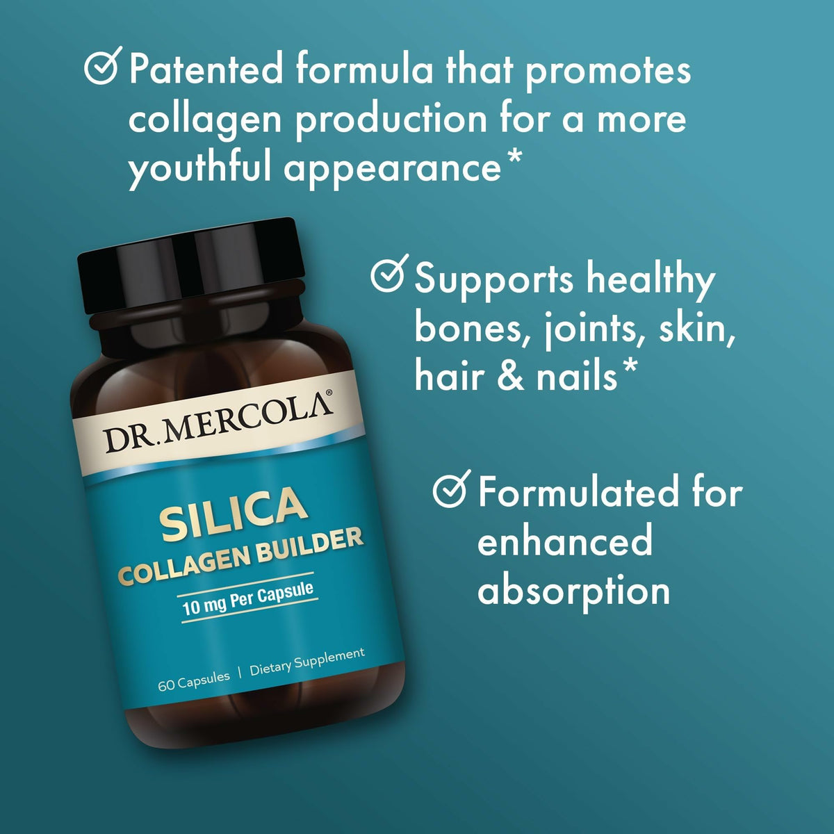Dr. Mercola Silica Collagen Builder 180 capsules en gros plan
