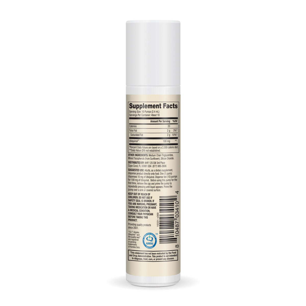 Dr. Mercola Ubiquinol Liquid Pump 100 mg arrière avec instructions