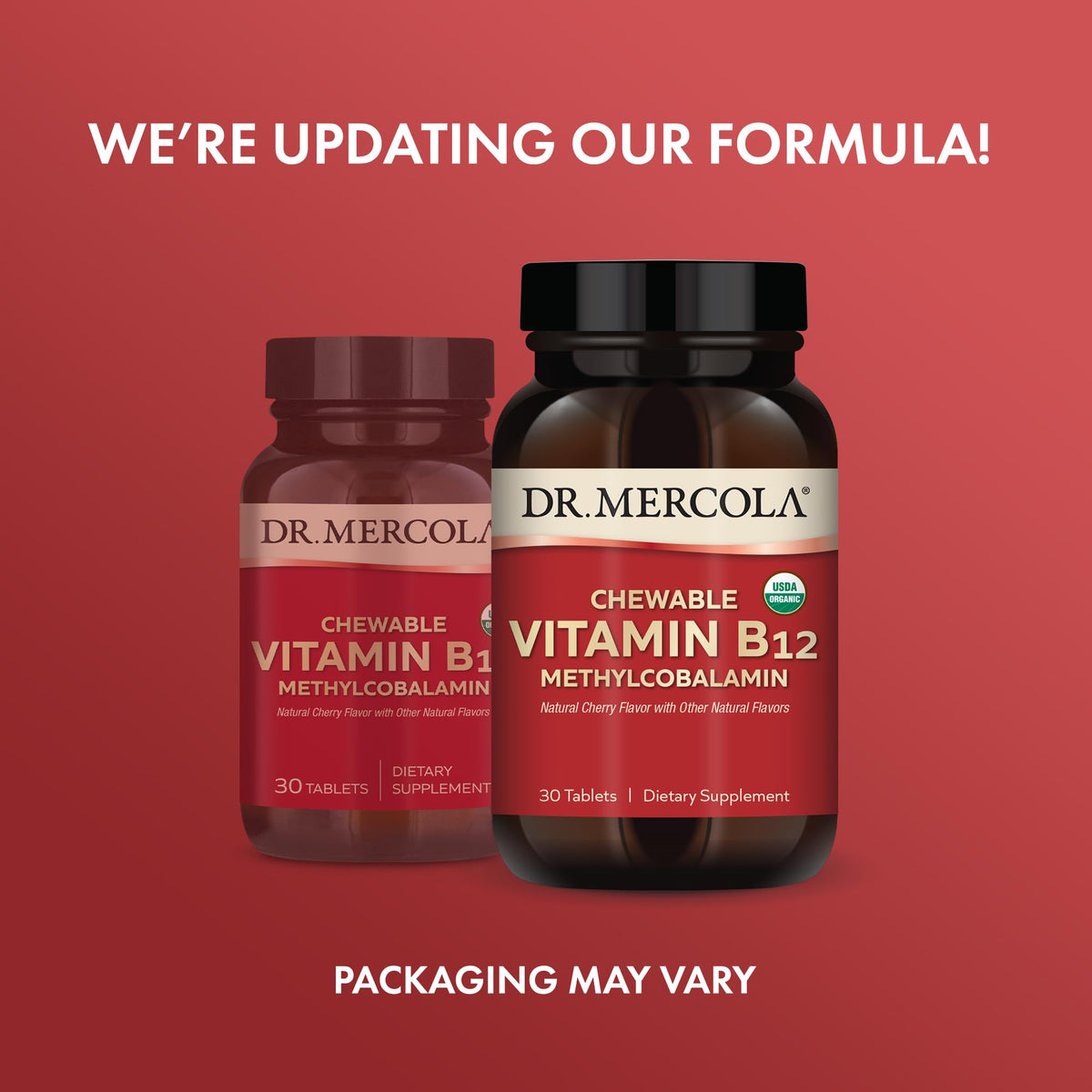 Dr. Mercola Vitamine B12 comprimé cerise avec une main