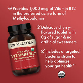 Dr. Mercola Vitamine B12 Methylcobalamine comprimés cerise avec un verre d'eau