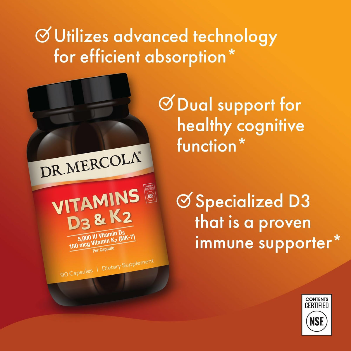 Dr. Mercola Vitamines D3 et K2 5000 UI 90 Capsules - emballage