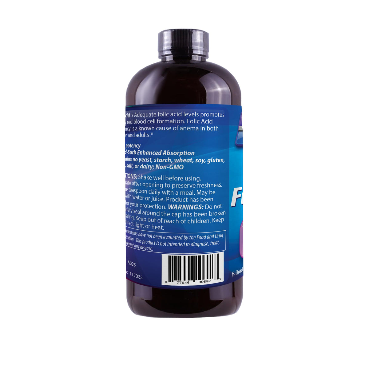 Dr's Advantage Acide Folique Liquide 800 MCG, prise de vue du flacon sur fond neutre