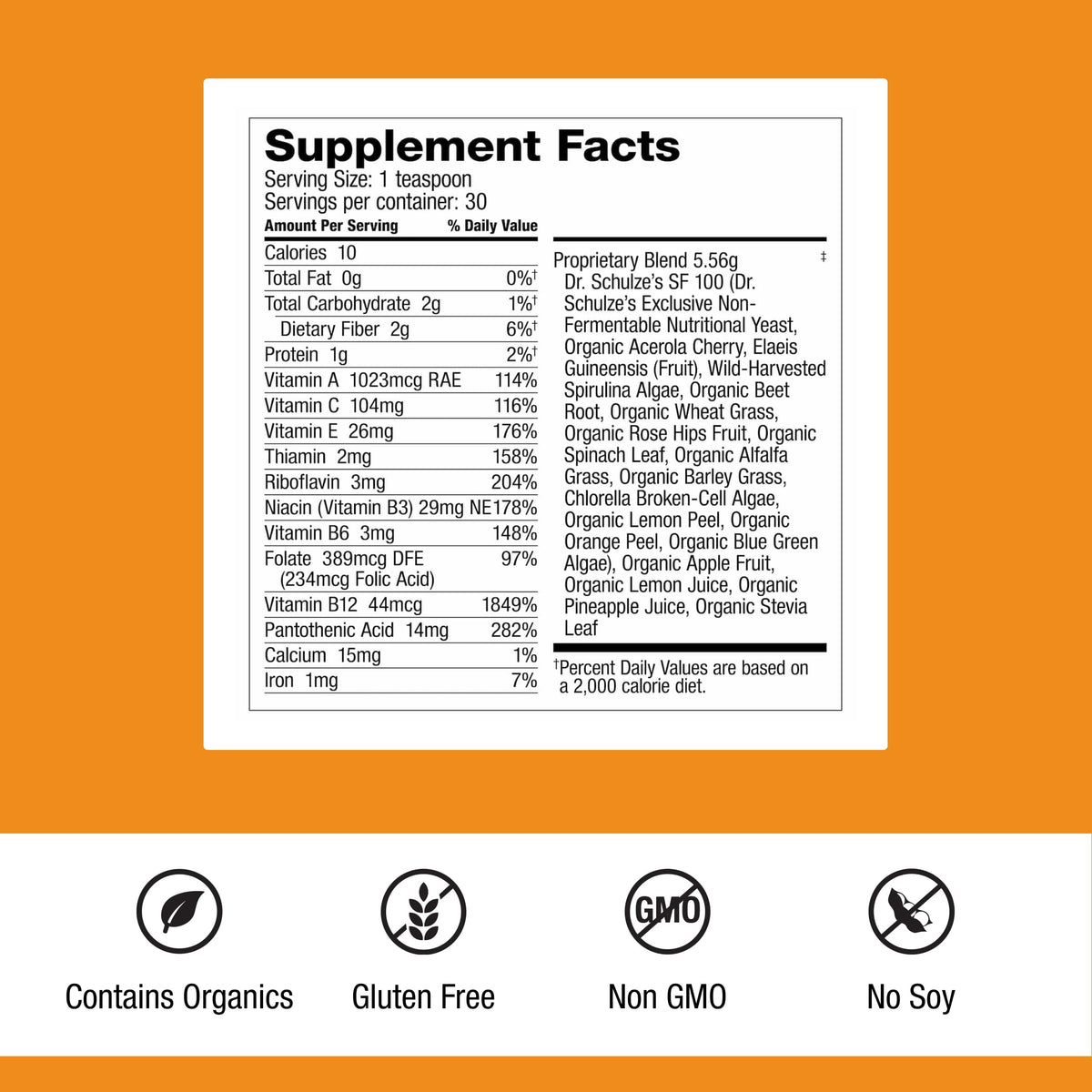 Dr. Schulze's SuperFood 100 complément alimentaire avec étiquette et ingrédients