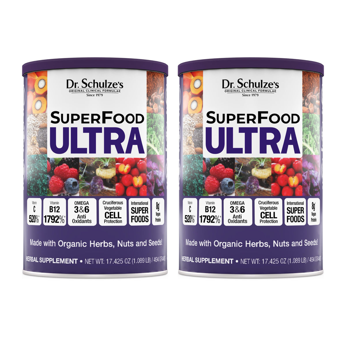 Dr. Schulze's SuperFood Ultra 17,4 oz devant avec étiquette