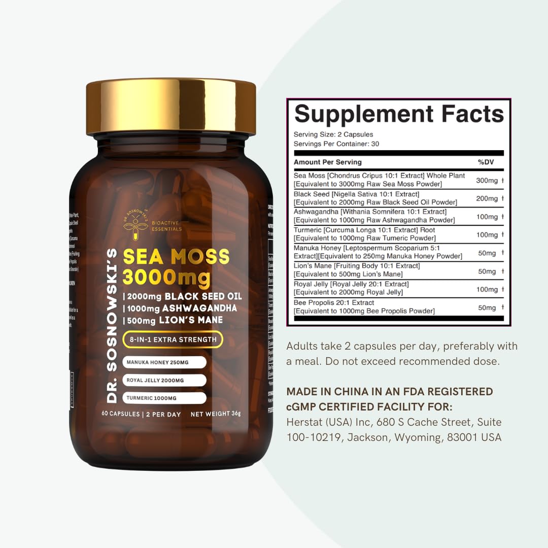 Dr Sosnowski's BioActive Sea Moss capsules with a measuring spoon
