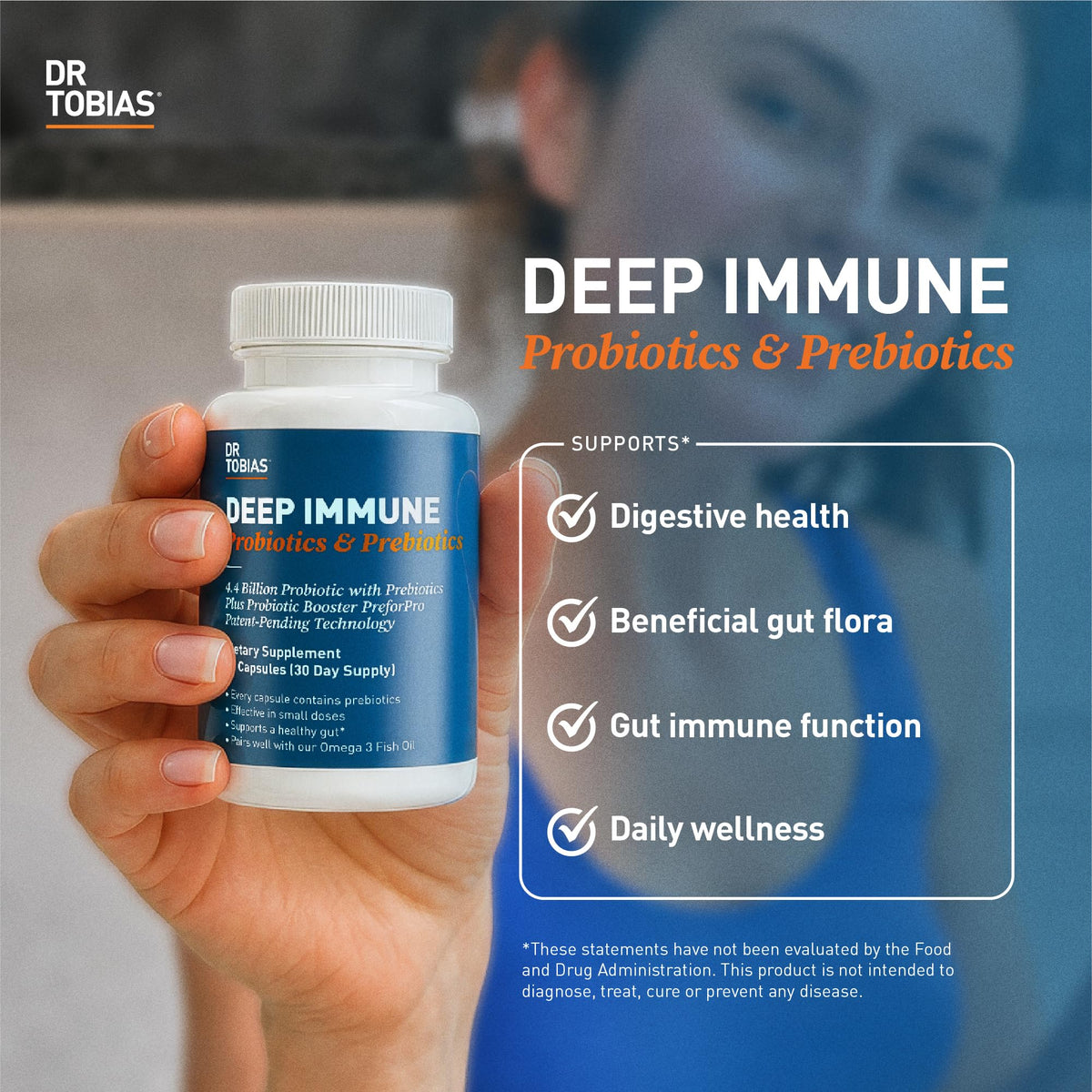 Dr. Tobias Complément Alimentaire Probiotique Prébiotique capsules sur une table