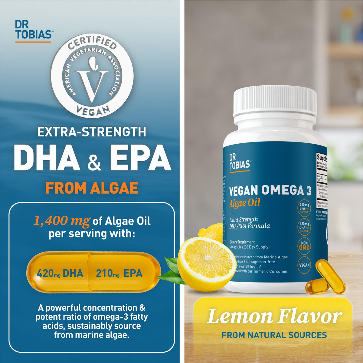 Dr. Tobias Huile d'Algue Végétale Omega 3 - capsules en bouteille
