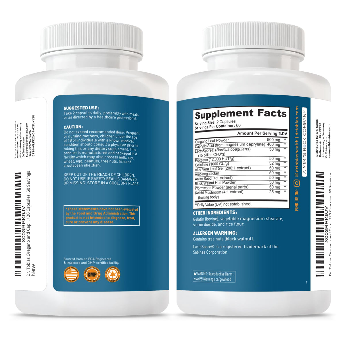 Dr. Tobias Mélange d'Origan et d'Acide Caprylique 120 Capsules avec d'autres compléments