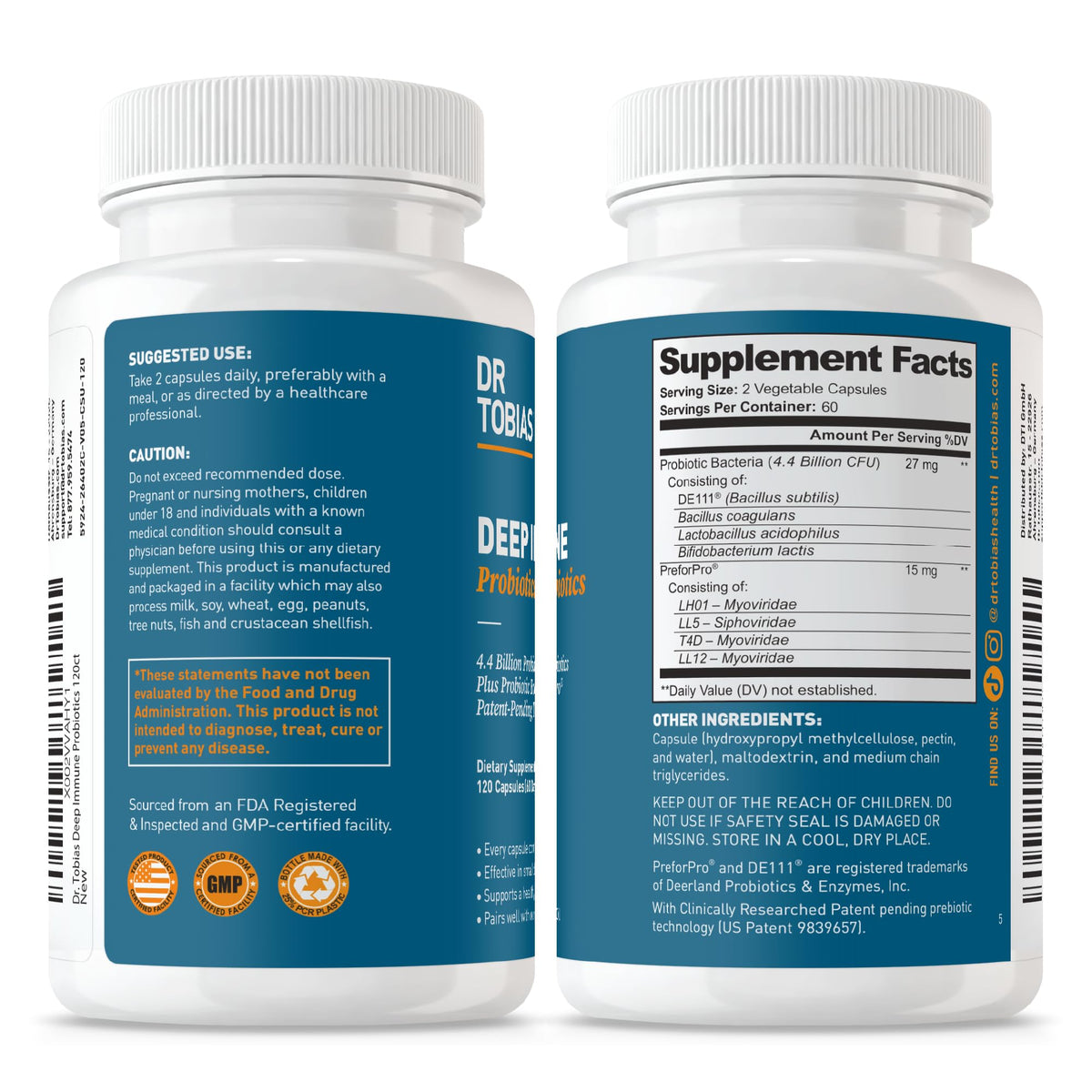 Dr. Tobias Probiotique + Prébiotique capsules sur un fond neutre