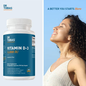 Dr. Tobias Vitamine D3 5000 UI 90 capsules sur fond blanc