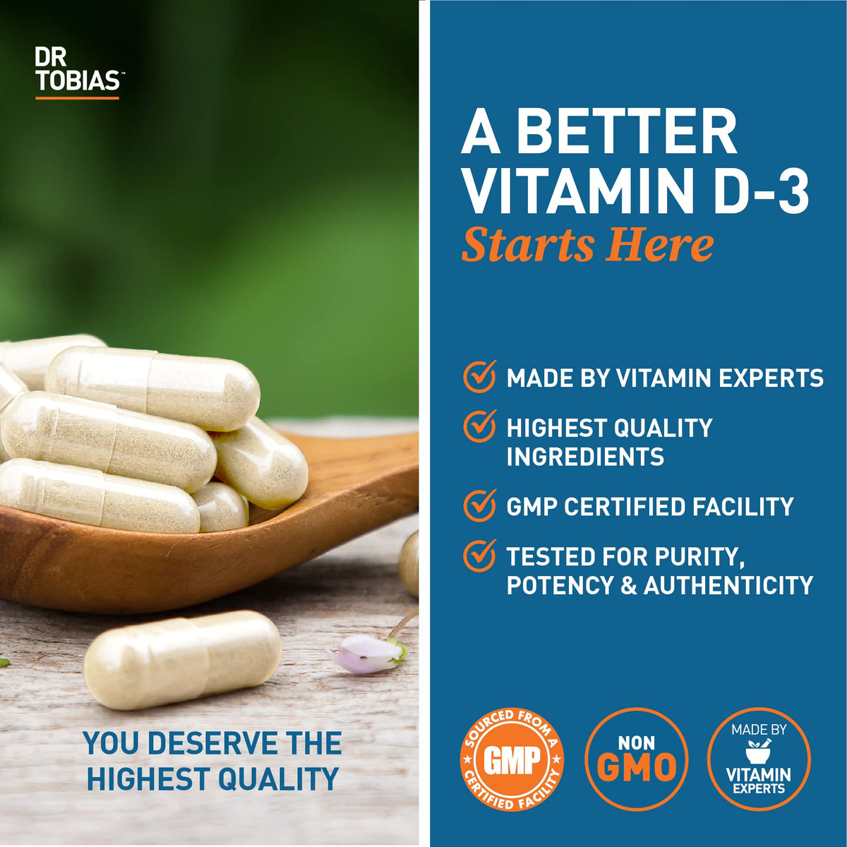 Dr. Tobias Vitamine D3 capsules sur une table en bois