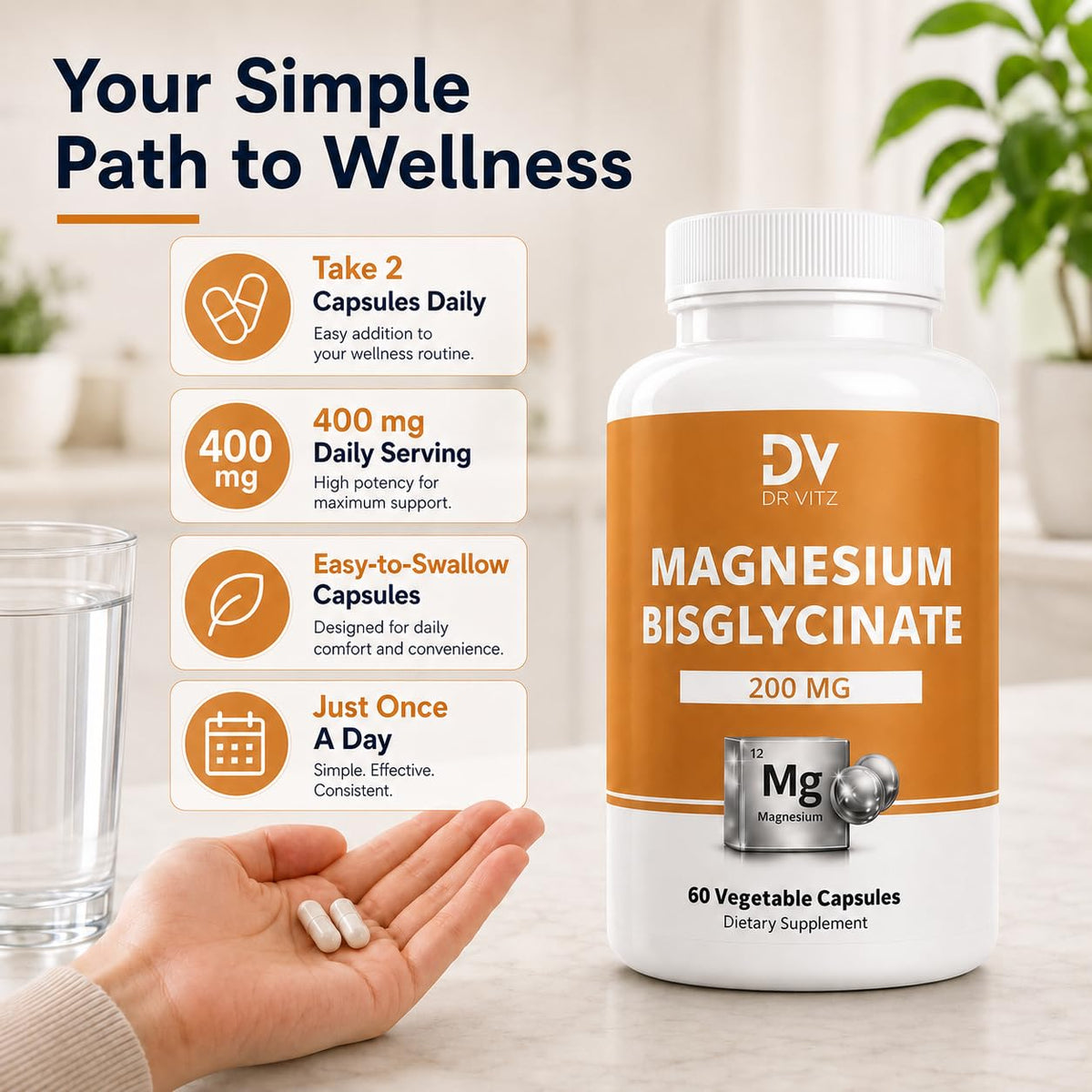Dr Vitz Magnésium Bisglycinate 200mg gélules végétales sur table