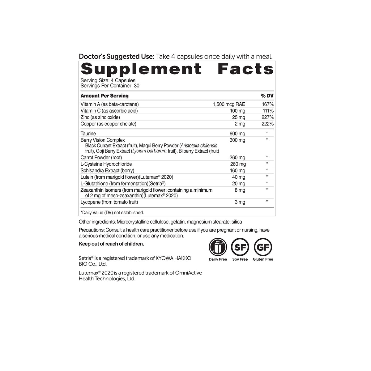 DR.WHITAKER Vision Essentials Gold 40 mg Lutéine étiquette et ingrédients
