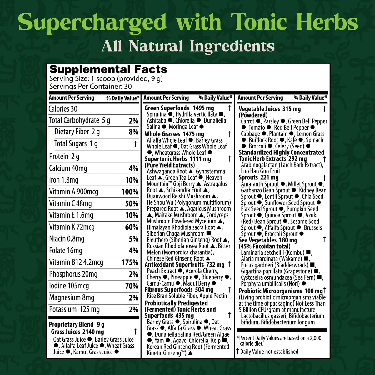 Dragon Herbs Tonic Alchemy Poudre de Super-aliments 358g avec ingrédients visibles