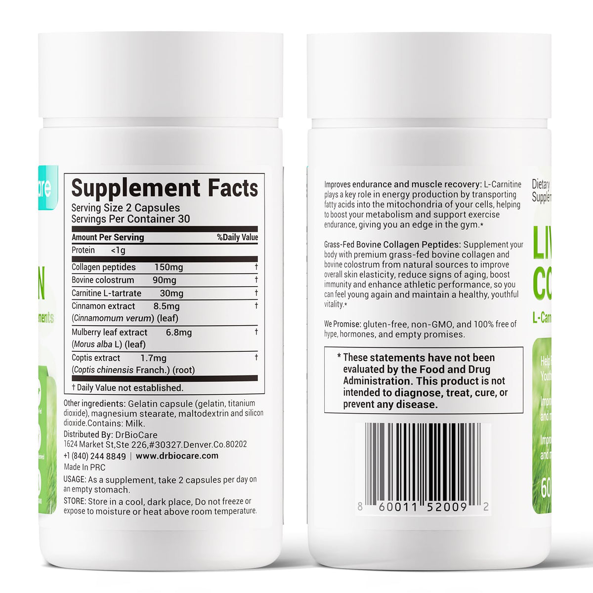 DrBioCare Complément Alimentaire Collagène L-Carnitine 60 Capsules en gros plan