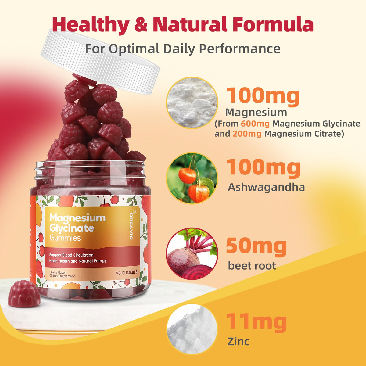 DREAVIO Gummies de Magnésium Glycinate 600mg, dosage de deux gummies