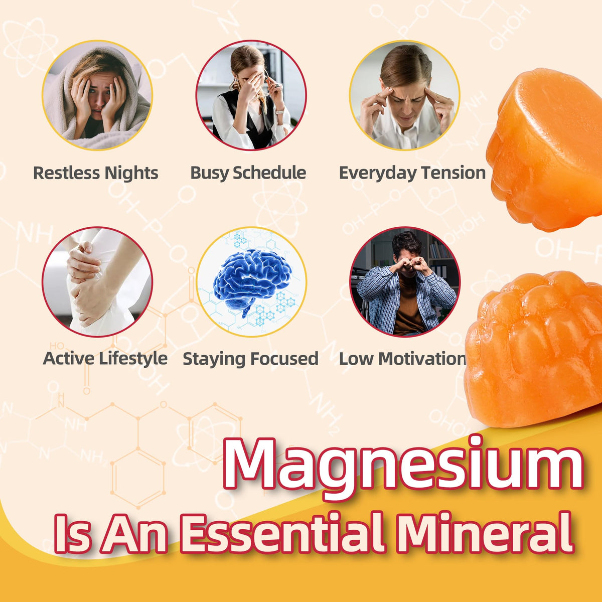 DREAVIO Gummies de Magnésium Glycinate, gummies d'orange sur une table