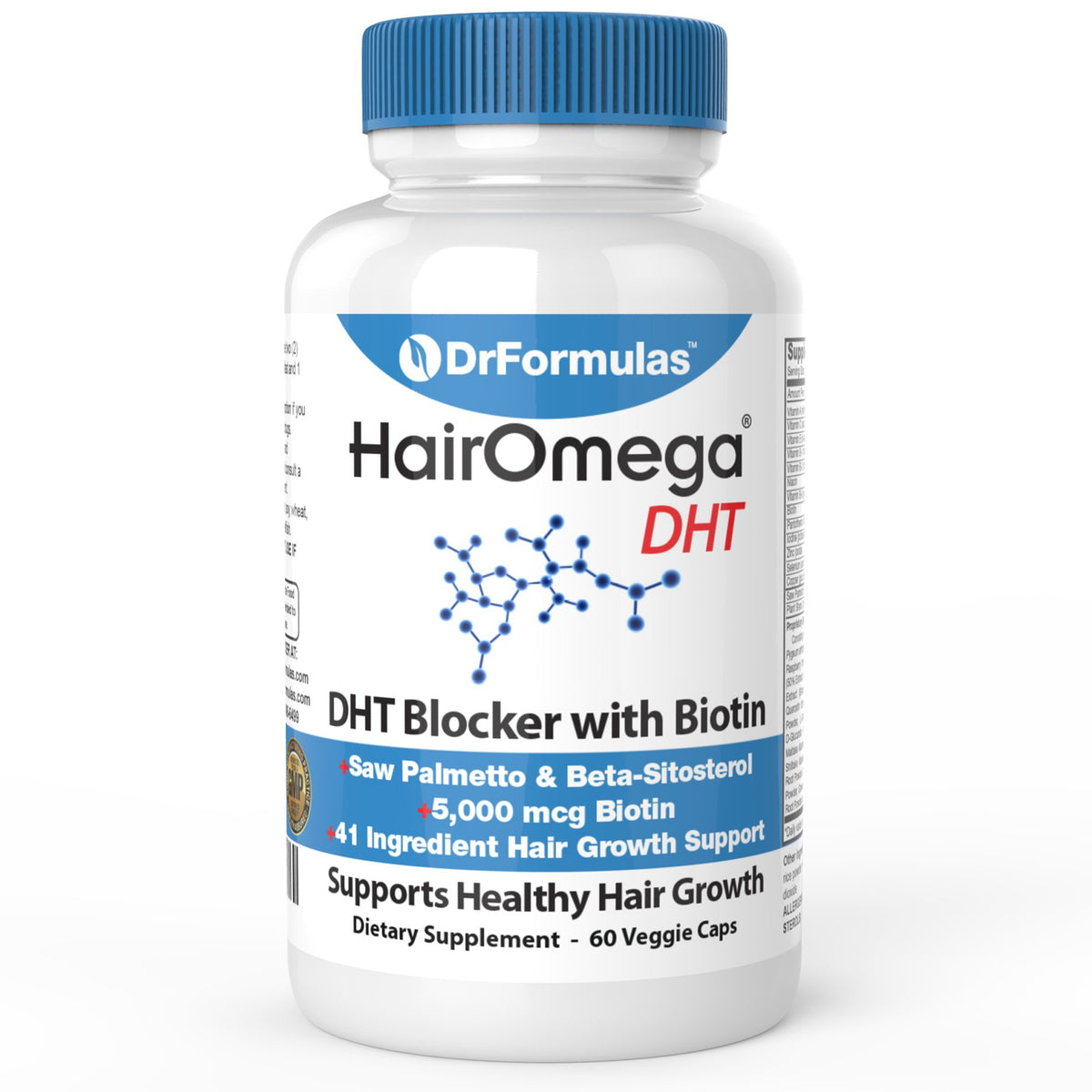 DrFormulas HairOmega DHT Blocker 5000 mcg Biotine capsules front view