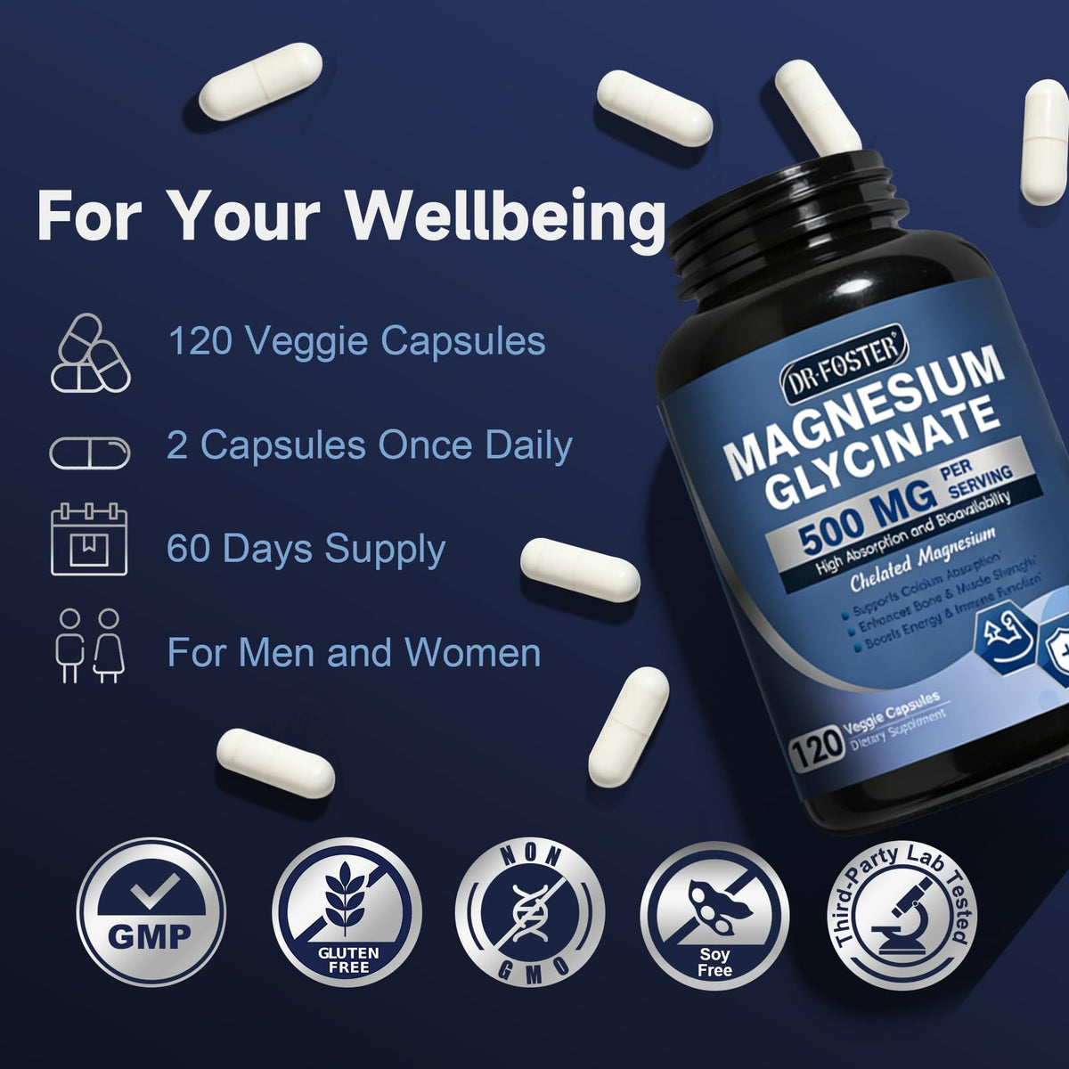 DRFOSTER Magnésium Glycinate 500mg - Capsules à côté d'un verre d'eau