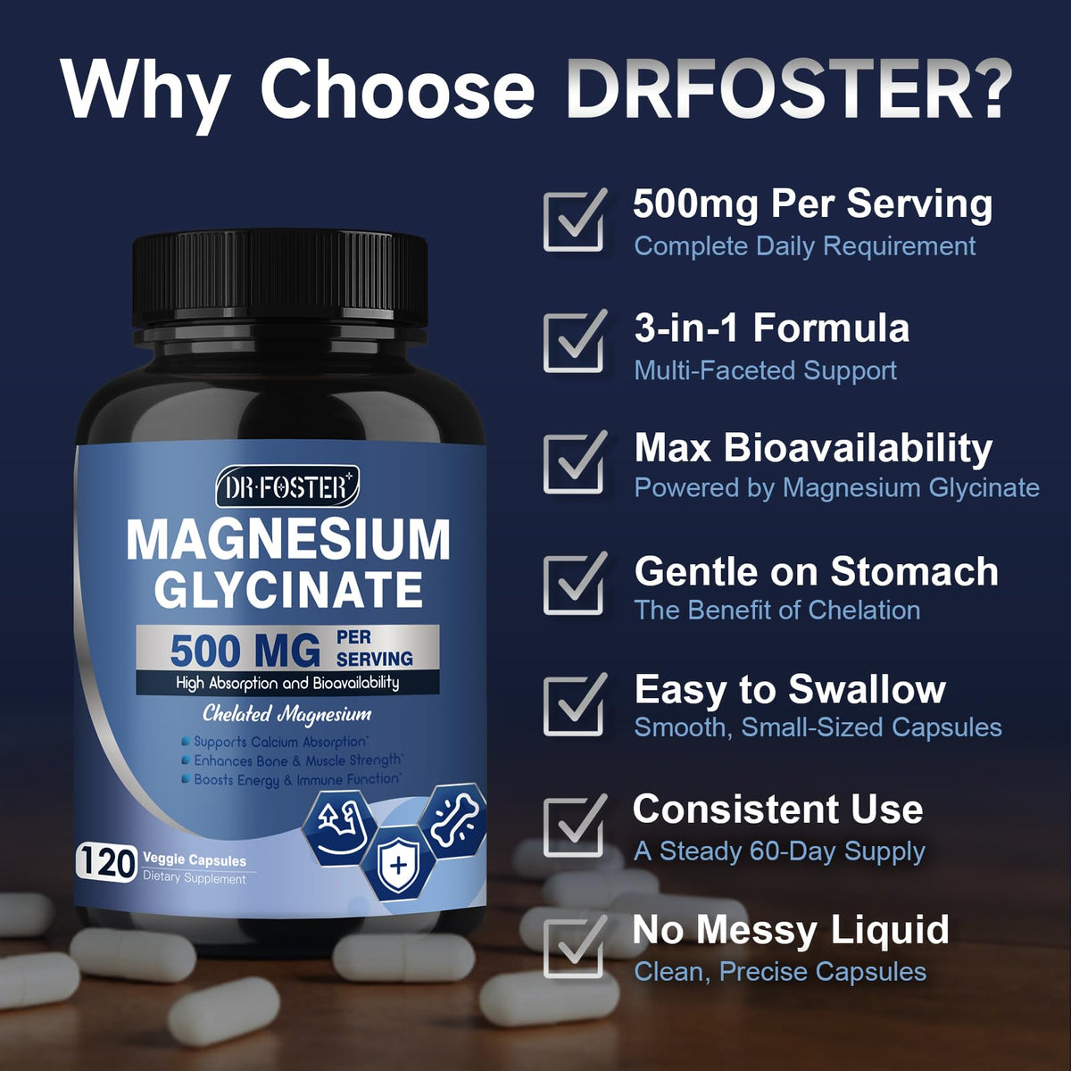 DRFOSTER Magnésium Glycinate 500mg - Capsules végétales sur une surface blanche