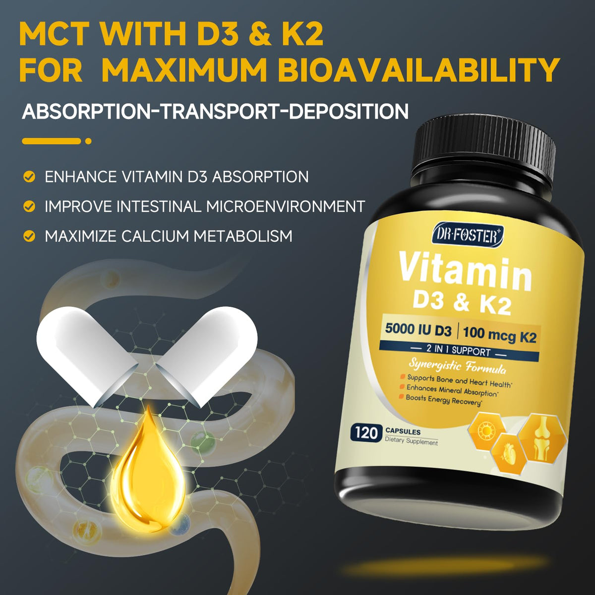 DRFOSTER Vitamine D3 K2 5000 UI avec Zinc et Bore, vue de côté