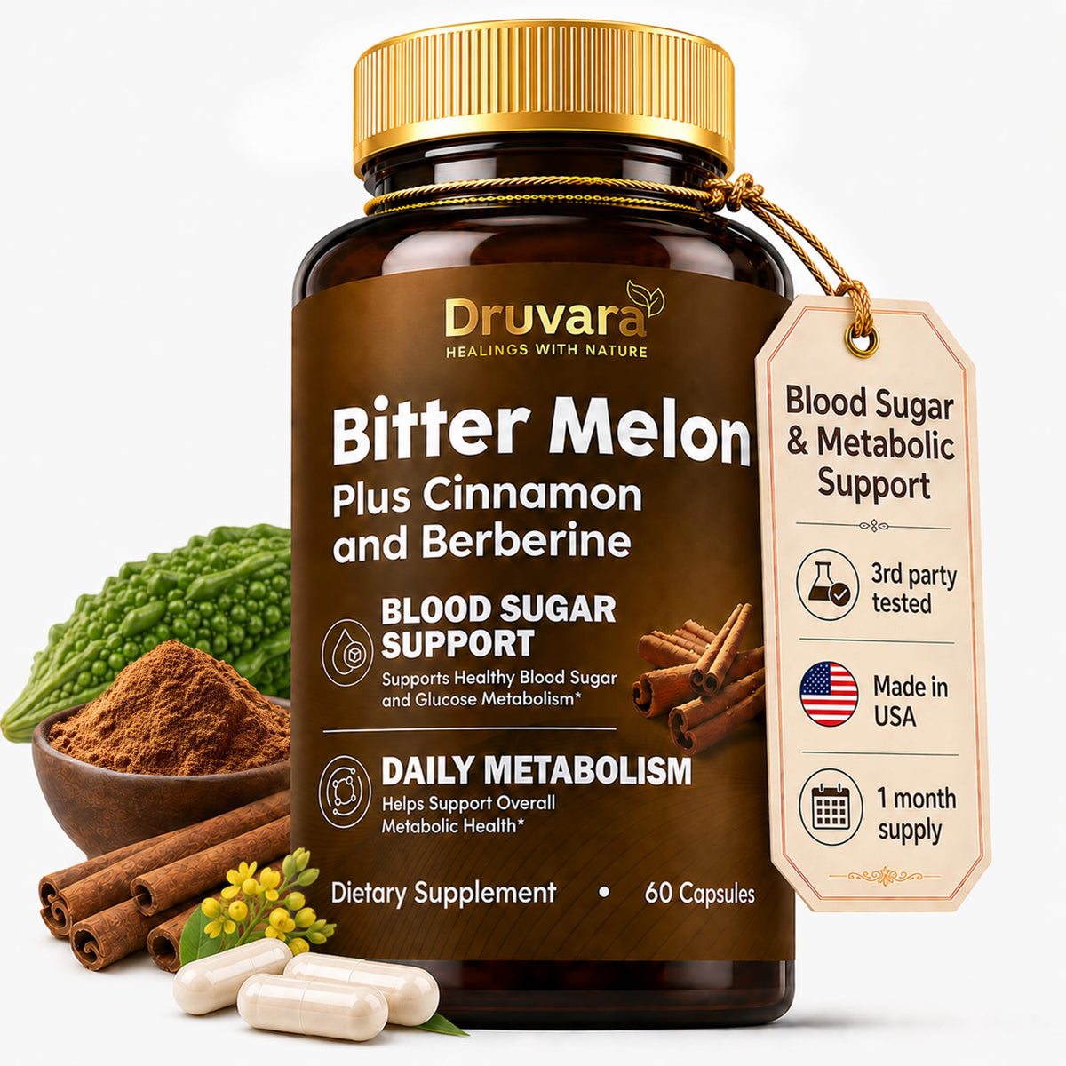 Druvara Capsules de Melon Amer avec Berbérine et Cannelle, vue avant