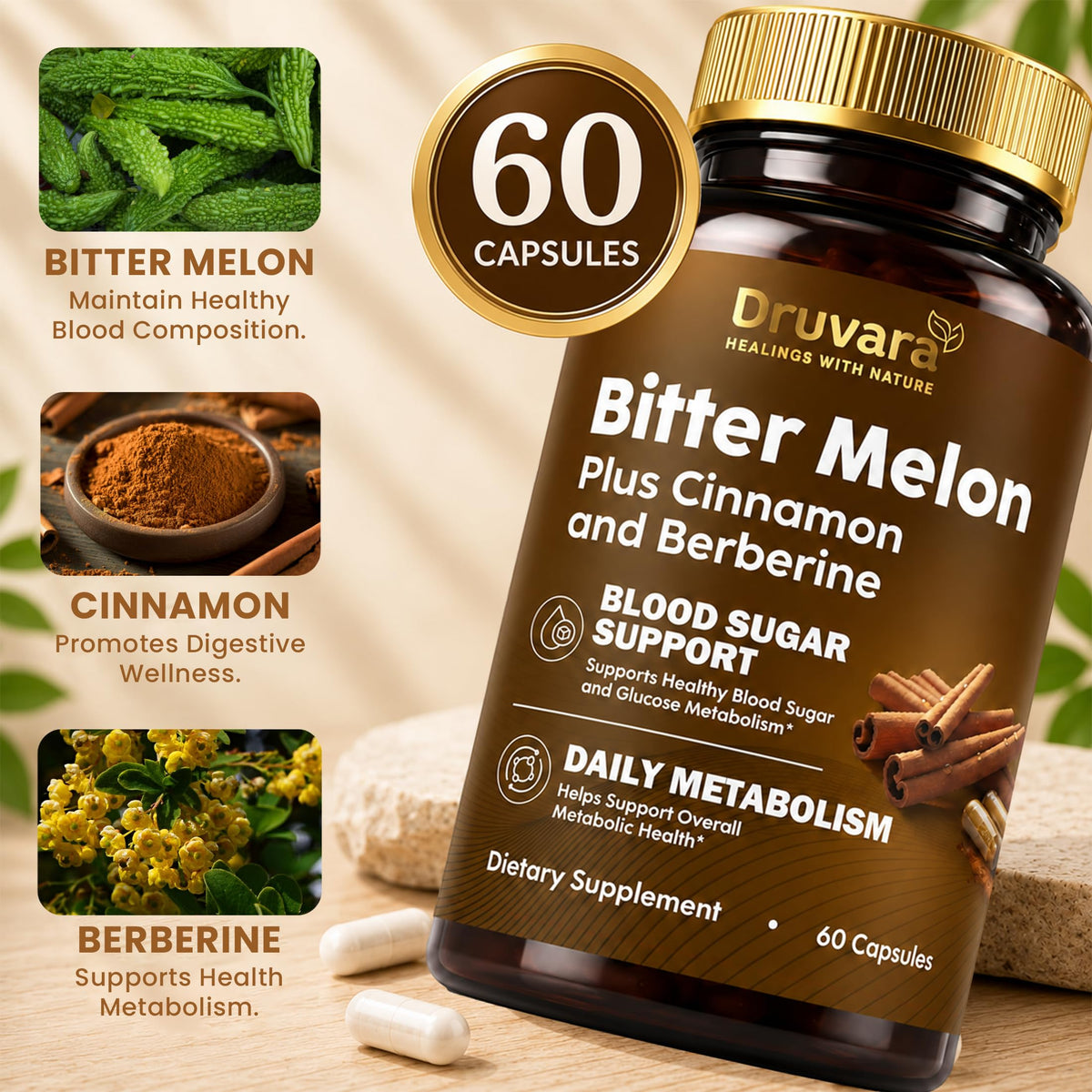 Druvara Capsules de Melon Amer, avec un verre d'eau