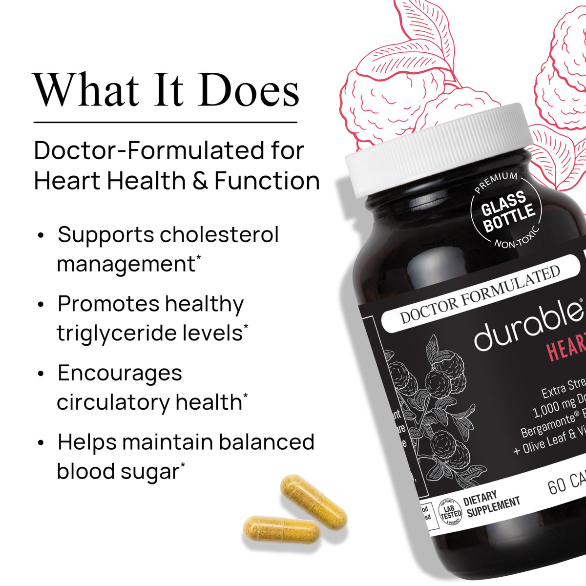 Durable Coeur 1000 mg, bouteille montrant capsules souples