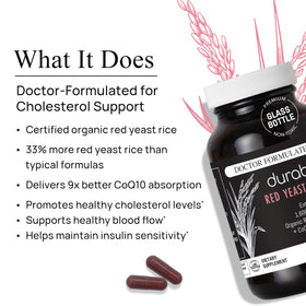 Durable Riz Rouge 1 600 mg avec CoQ10, boîte ouverte avec comprimés