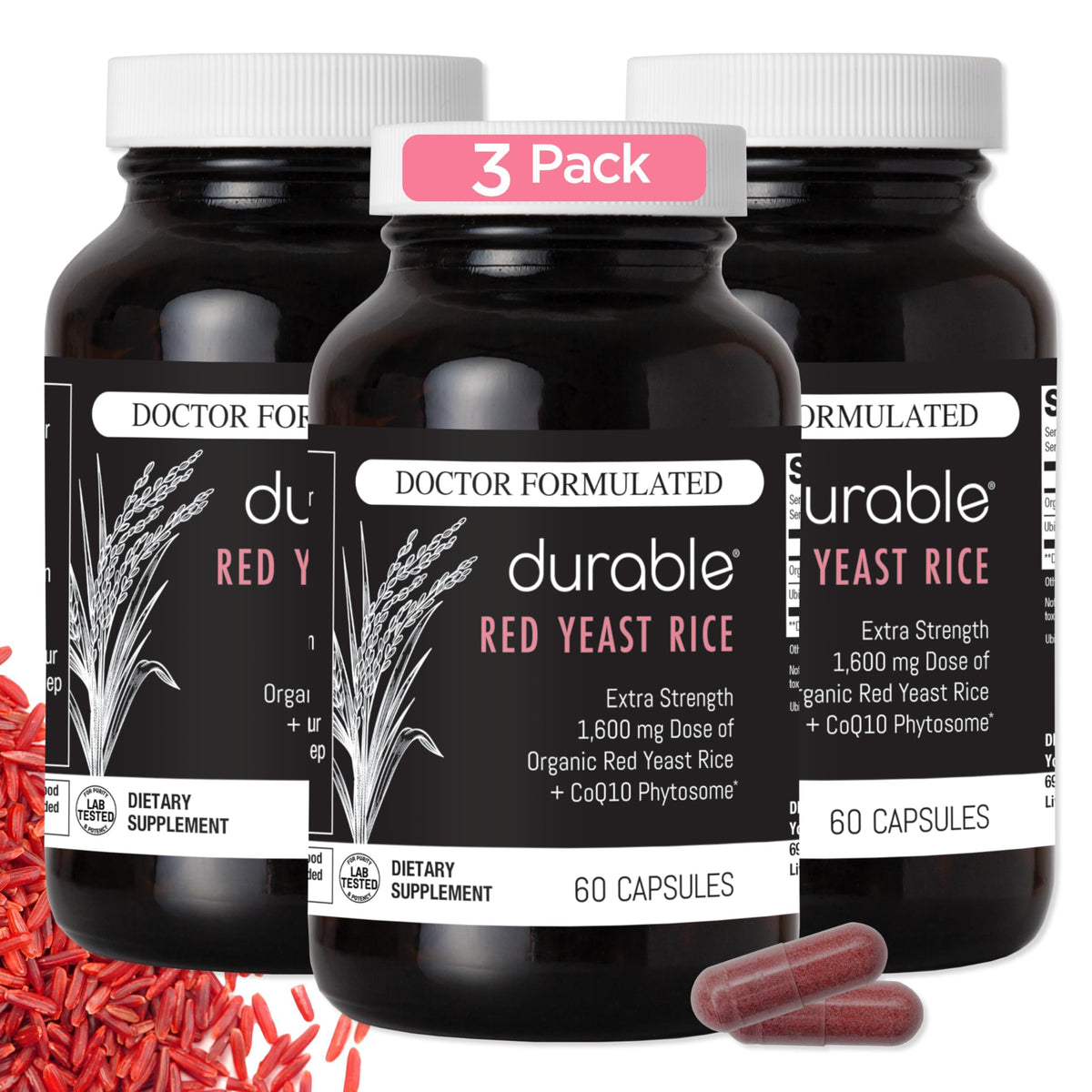 Durable Riz Rouge 1 600 mg avec CoQ10, boîte vue de face