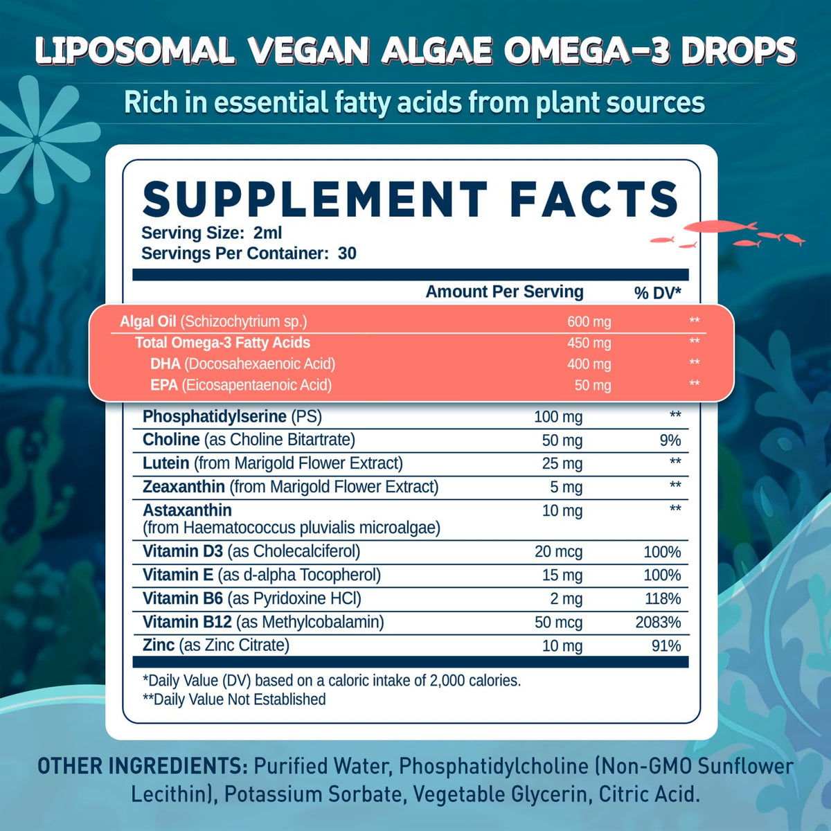 duwhot Algue Liposomale Omega 3 Vegan 400 mg DHA 50 mg EPA étiquette