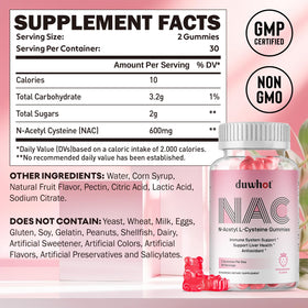 duwhot Gommes NAC 600mg vue arrière avec informations nutritionnelles