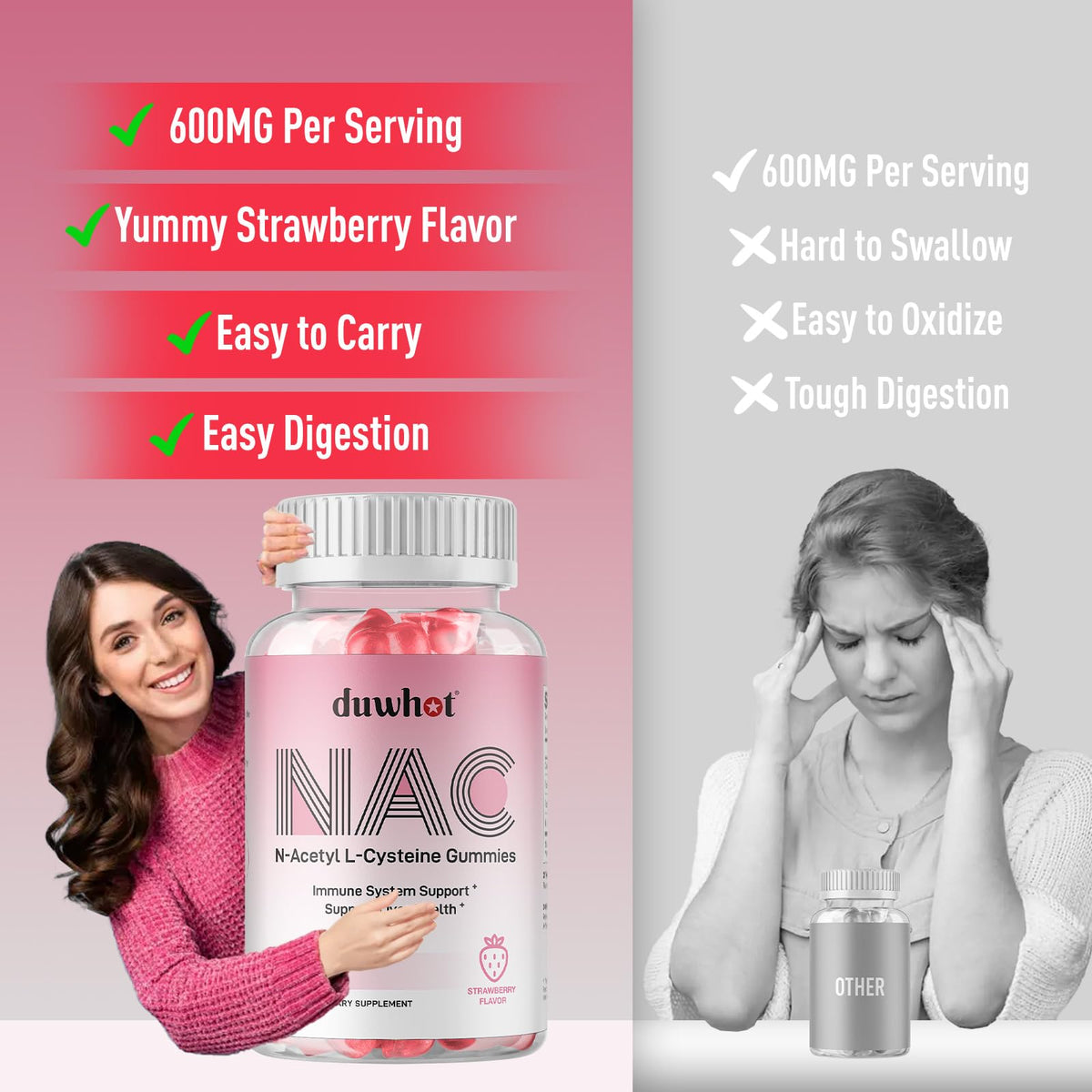 duwhot Gummies NAC 600mg étiquette de la bouteille avec informations nutritionnelles