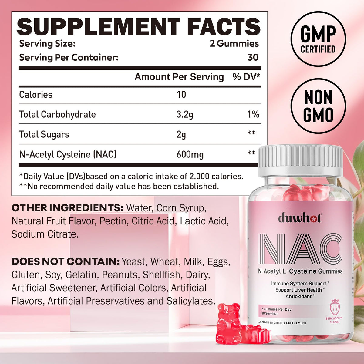 duwhot Gummies NAC 600mg gummies à la fraise sur une surface blanche