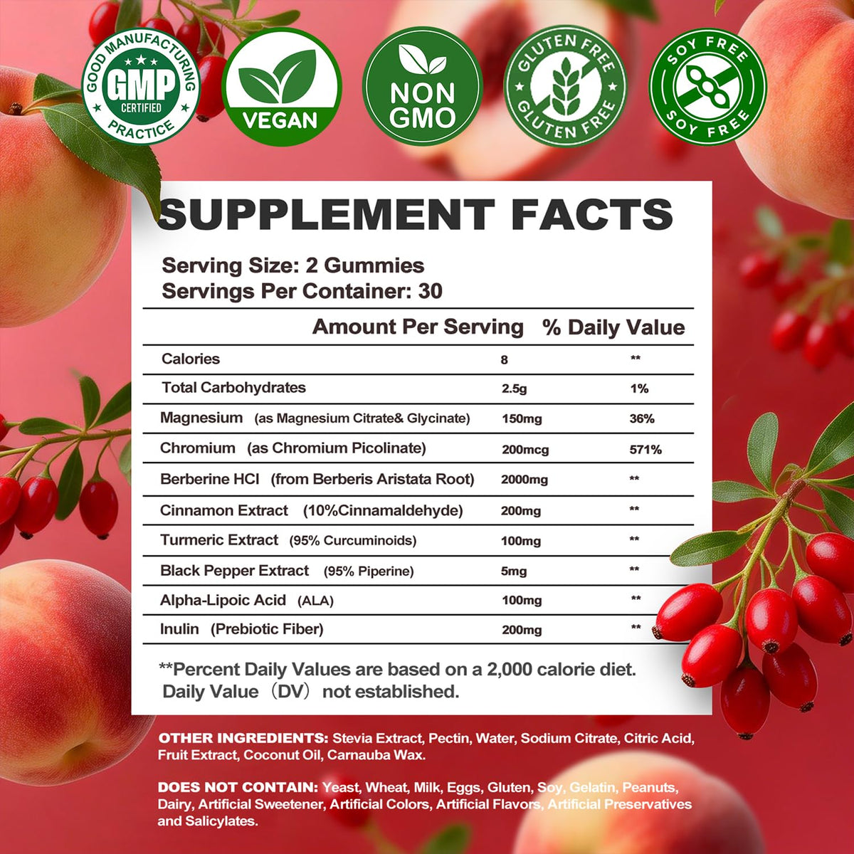 Dytiva Bloom Gummies Berberine 2000mg vue de côté, goût pêche