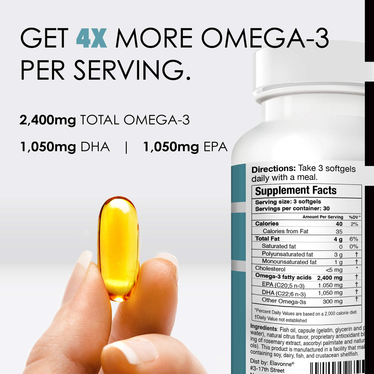 E´LAVONNE huile de poisson Omega-3 2400mg gélules arrière
