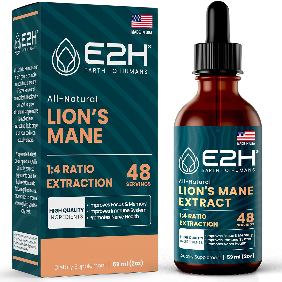E2H Lions Mane complément alimentaire liquide 60 ml, bouteille frontale