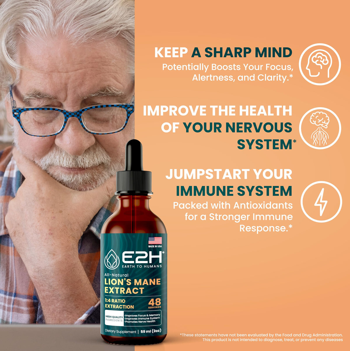E2H Lions Mane liquide, étiquette détaillée