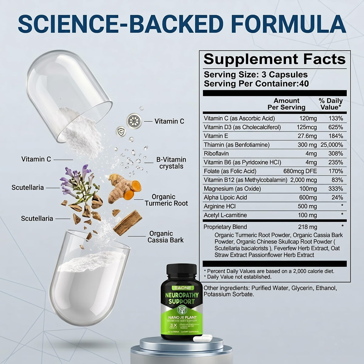 EAONE Nerve Savior 600mg Acide Alpha-Lipoïque capsules sur un fond naturel