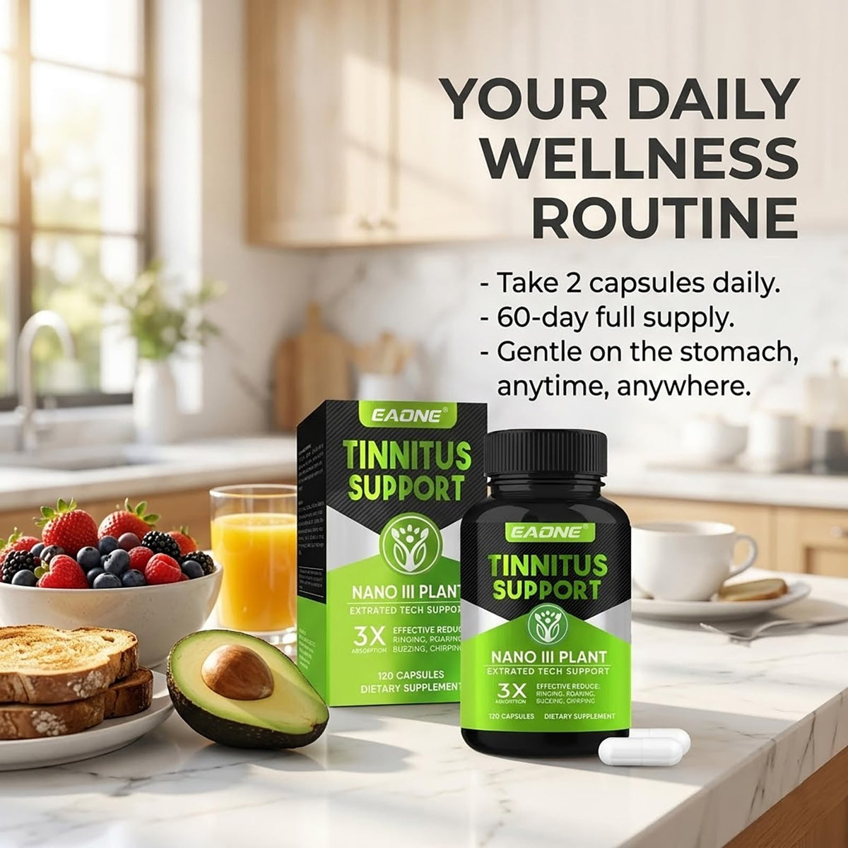 EAONE Tinnitus 120 capsules dans un environnement naturel