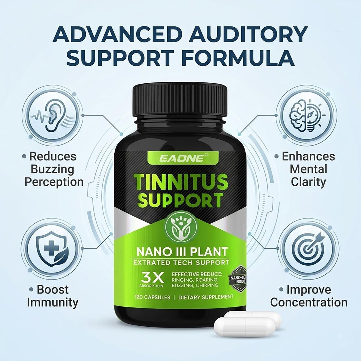 EAONE Tinnitus capsules sur une table