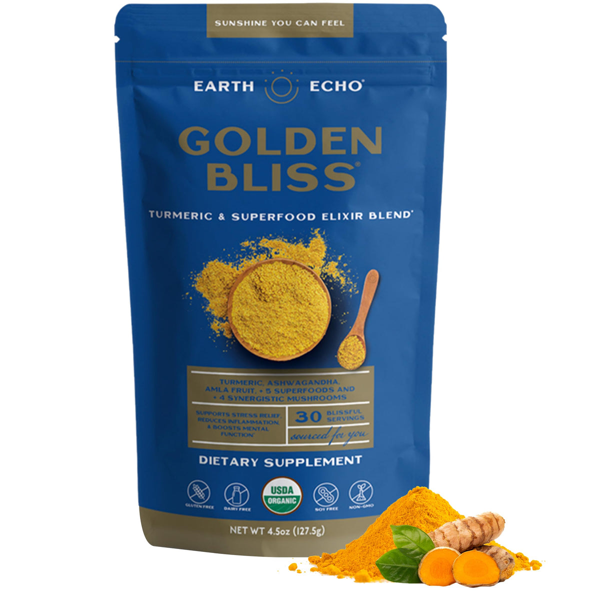 Earth Echo Golden Bliss lait d'or bio au curcuma et gingembre 141g - vue de face