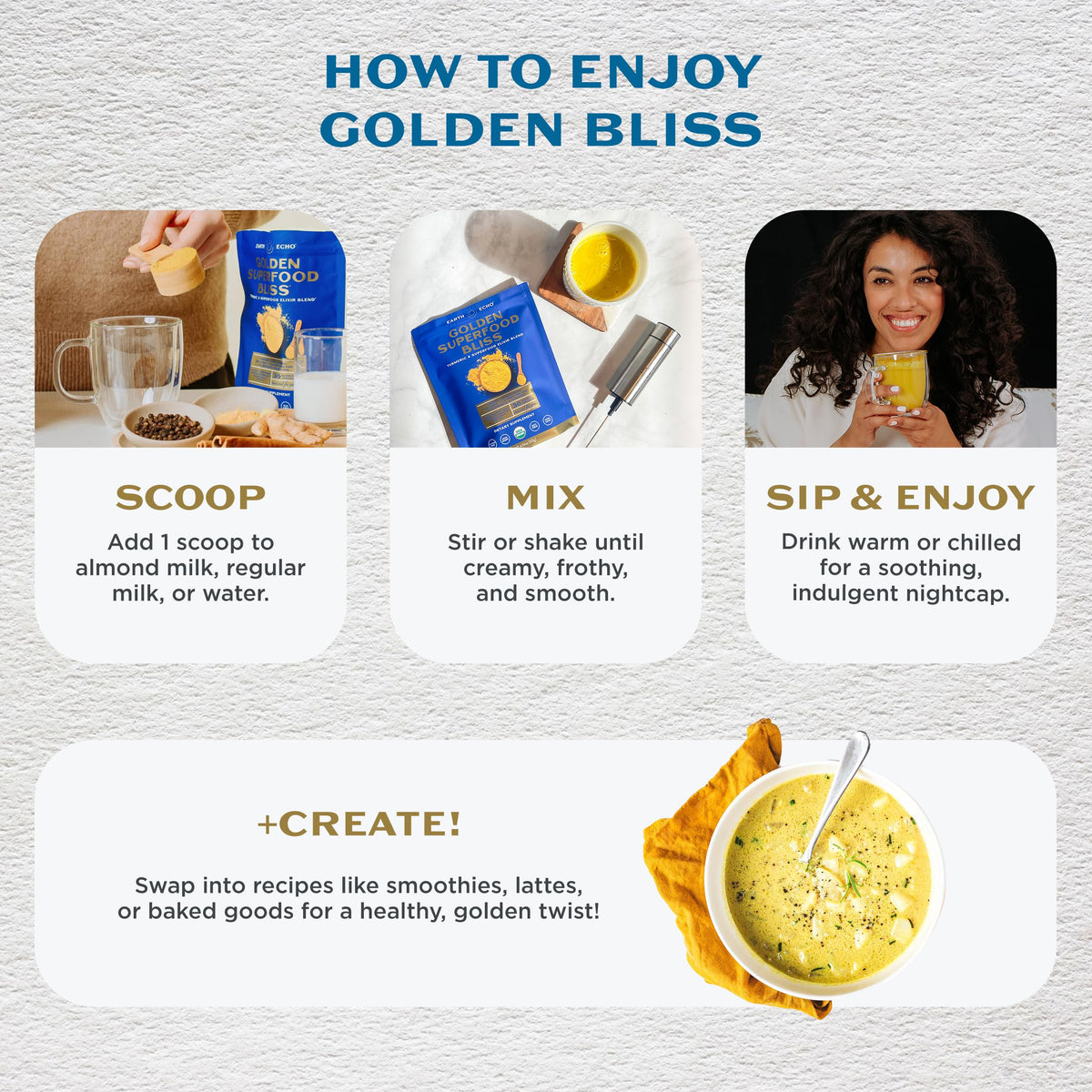 Earth Echo Golden Bliss lait d'or bio au curcuma et gingembre - mélange dans un bol