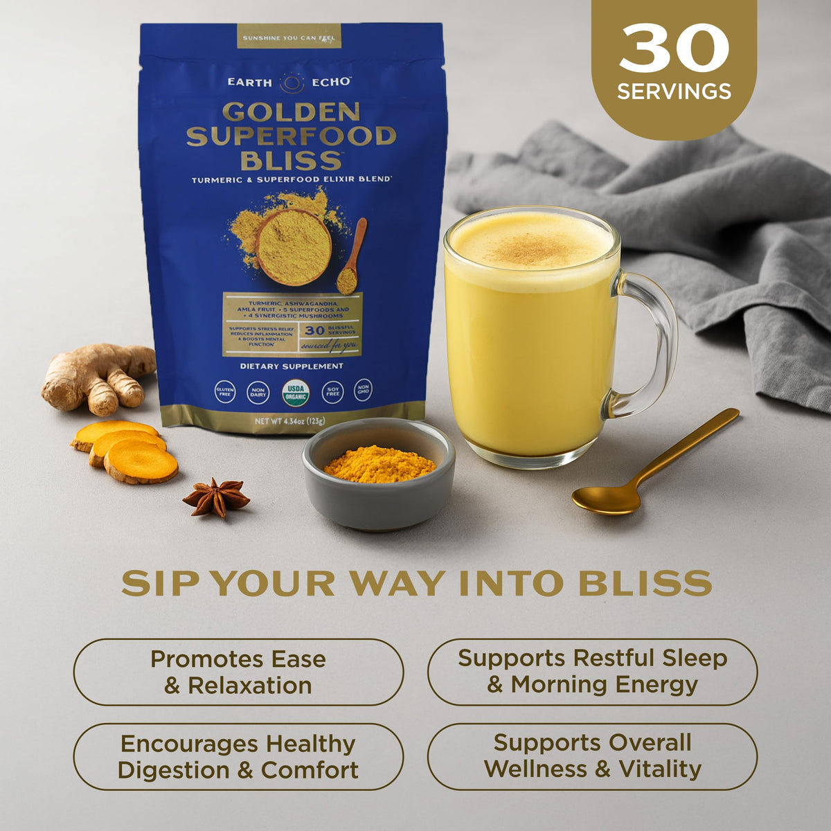 Earth Echo Golden Bliss lait d'or bio au curcuma et gingembre - sachet ouvert