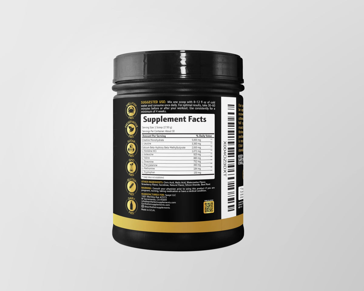 Earth Elixir Créatine HMB 649g avec d'autres compléments alimentaires