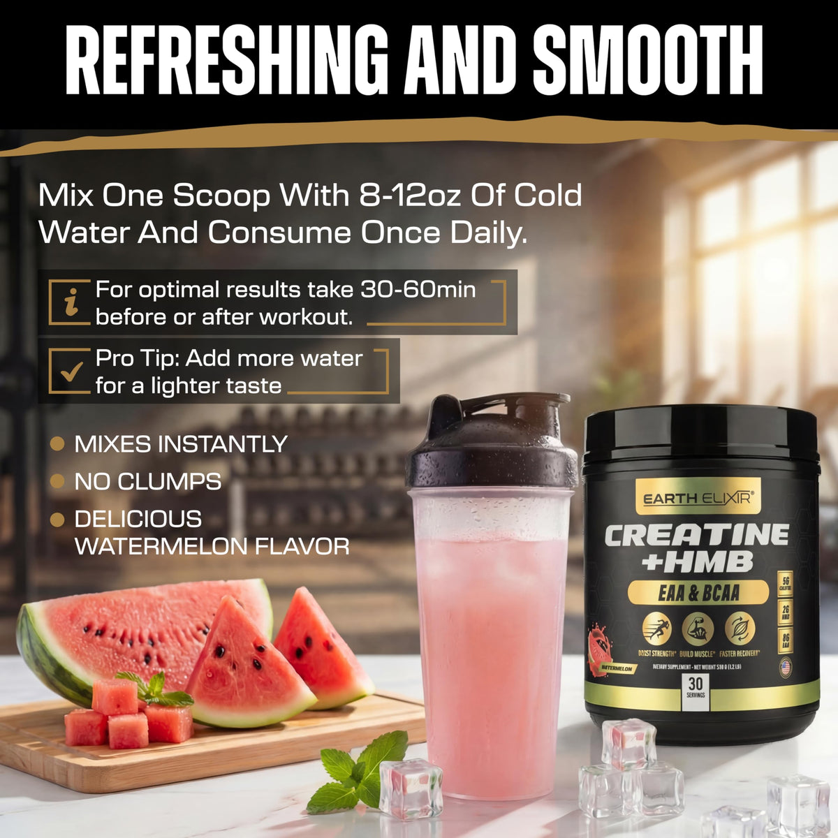 Earth Elixir Créatine HMB 649g en utilisation pendant l'entraînement