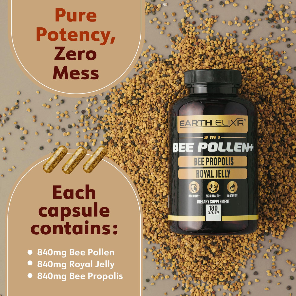 Earth Elixir Pollen d'Abeille 3-en-1 180 capsules vue arrière