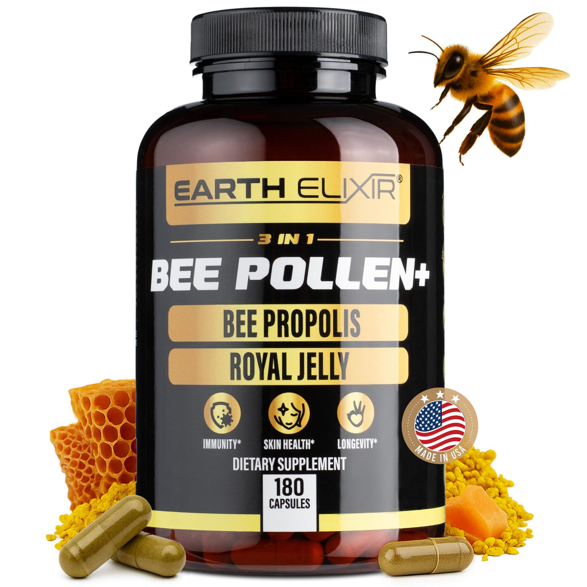 Earth Elixir Pollen d'Abeille 3-en-1 180 capsules vue avant
